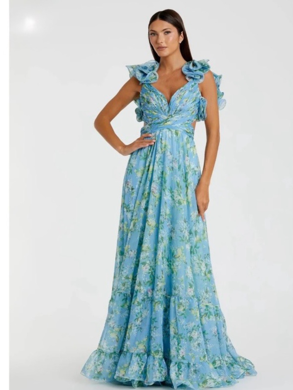 NWT Mac Duggal Blue Ruffle Tiered Floral Cut-Out Chiffon Gown reg $398 size 6 - Picture 6 of 16